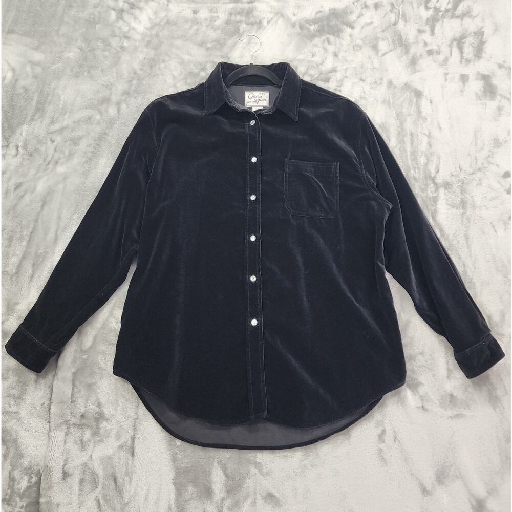 Vintage Let's Quiz Again Top Womens L Black Velvet Velour Long Sleeve Button‎ Up